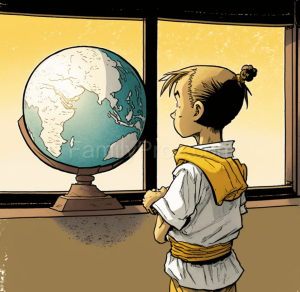 Young Martial artist staring at a globe