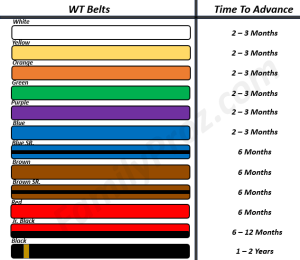 Taekwondo WT Belts diagram. All belts from white to black in takewondo. Showing time taken to get each belt