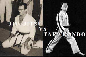 the founder of Jiu-Jitsu standing next to the founder of Taekwondo. Representing the comparison of Jiu-Jitsu vs Taekwondo