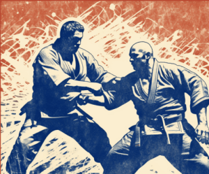 Two judo practitioners wearing judo belts