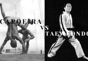Shows the founder of taekwondo next to a Capoeira practitioner. Highlighting the contrast between Capoeira vs Taekwondo