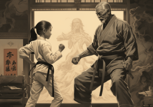 Illustration of a young Taekwondo Practitioner and Older Taekwondo teacher.